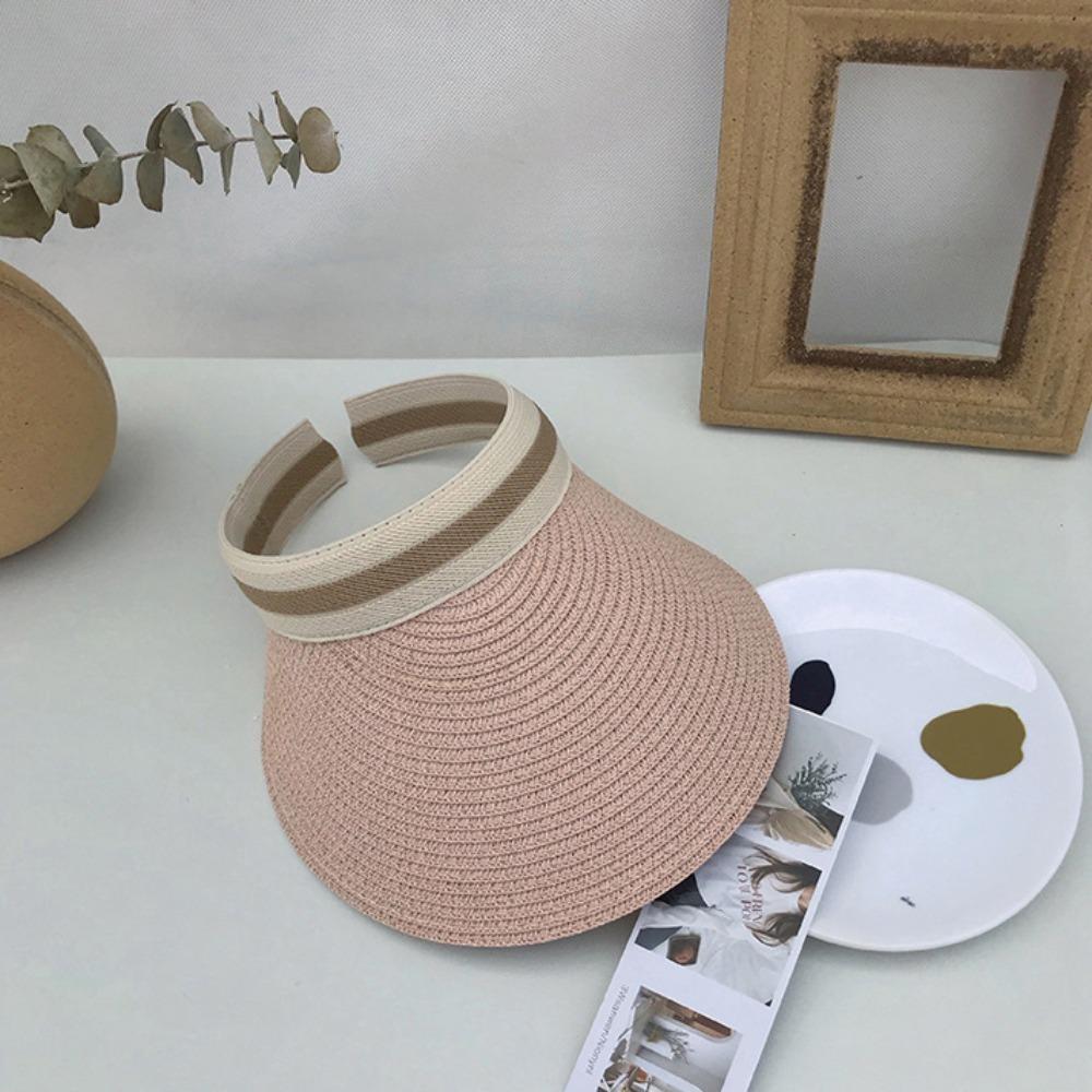 Large Brim Lafite Straw Visor Cap Adjustable Summer Sun Cap Seaside Hollow Hat Beach