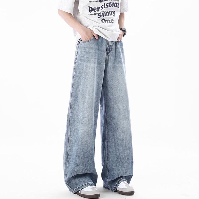 JEEP SPIRIT Men's High Street Loose Straight Bamboo Texture Denim Jeans