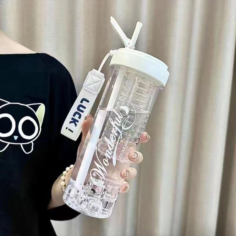 Water bottle straw cup student flower teacup water cup girls easy cup portable straw plastic cup large capacity summer cup