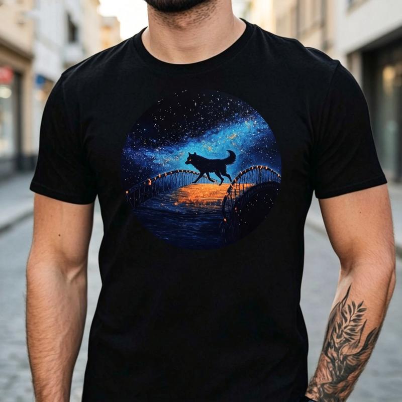 Starry Night Wolf Graphic T Shirt Majestic Wildlife Print Unisex Soft Cotton Crew Neck Short Sleeve Trendy Casual Tops