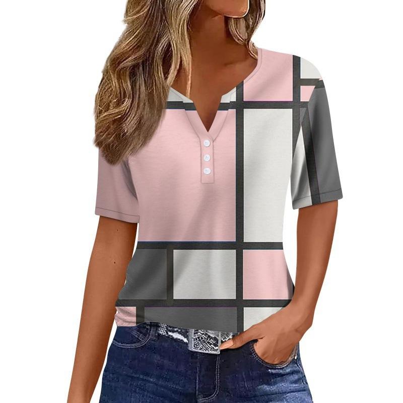 Print Short Sleeve European Style Women Clothing T-Shirt V-Neck
