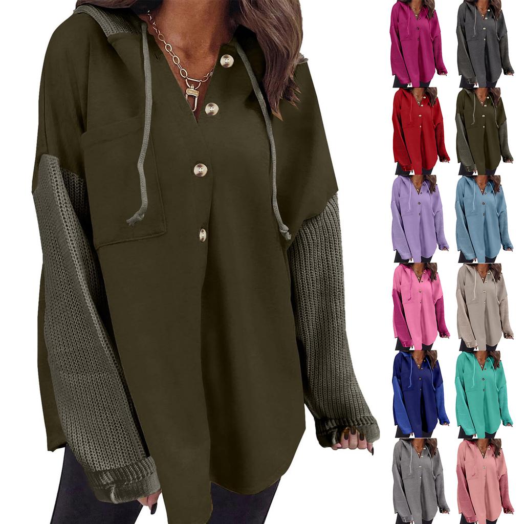 Women's Oversized Casual Long-Sleeve Button-Up Hoodie Knit Patchwork Hoodie With Pockets