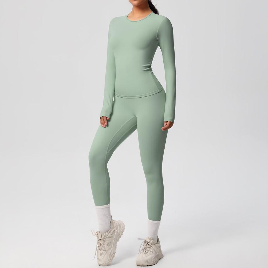 Dual-Sided Solid Color Long-Sleeve Yoga and Running Set - Two-Piece Fitness Outfit