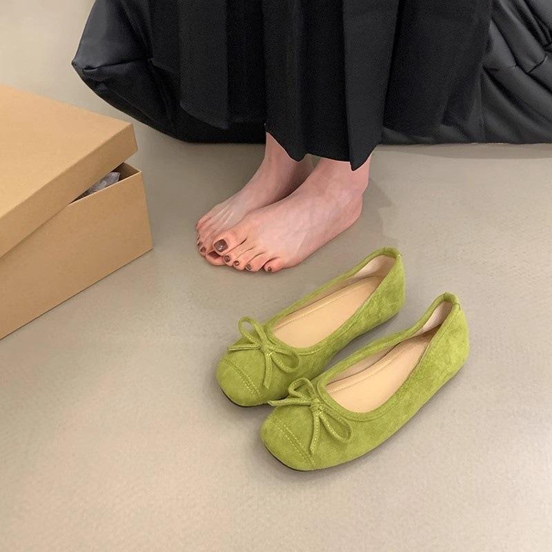 

Super soft single shoes women s suede green bow flat bottom spring and autumn round head soft bottom shallow mouth women 35 зелёный