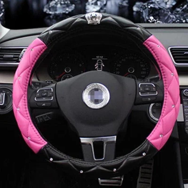Кожаный универсальный чехол на руль автомобиля, 38 см, с бриллиантами, чехол на руль автомобиля, женские аксессуары для стайлинга автомобилей розовый