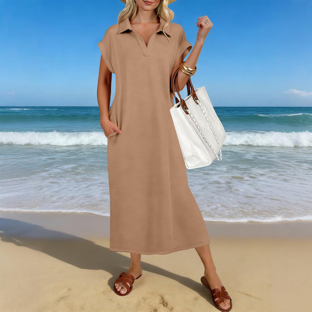 Letnia Casualowa Sukienka Midi Damska z Krótkim Rękawem i Dekoltem V, Luźny Krój, Rozcięcie na Dole, Sukienka T-Shirtowa Maxi na Plażę i do Kurortu