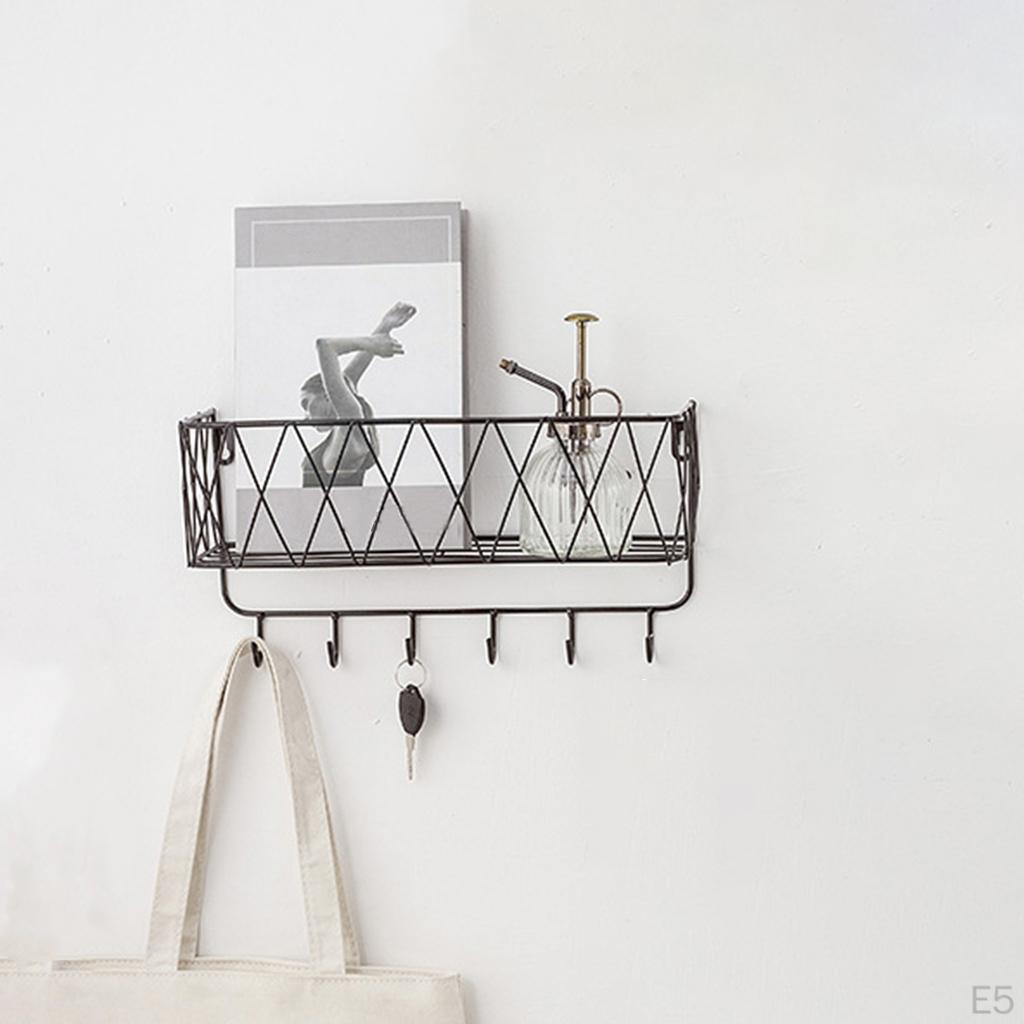 Bathroom Shelf, Kitchen Wall Spice Shelf with 6 Hooks & Rod Letter Tray