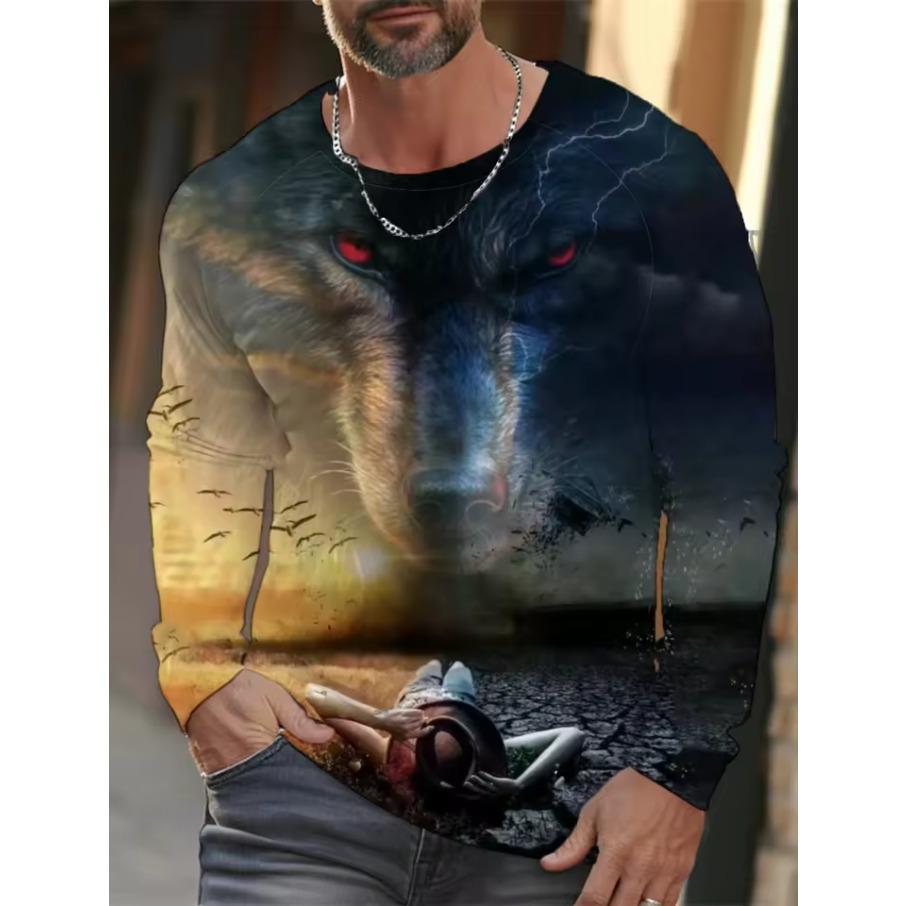 Men's Summer Long Sleeve 3d Printed Wolf Print T-Shirt Tops Men Streetwear Clothing Round Neck Graphic Long Sleeve T-Shirt