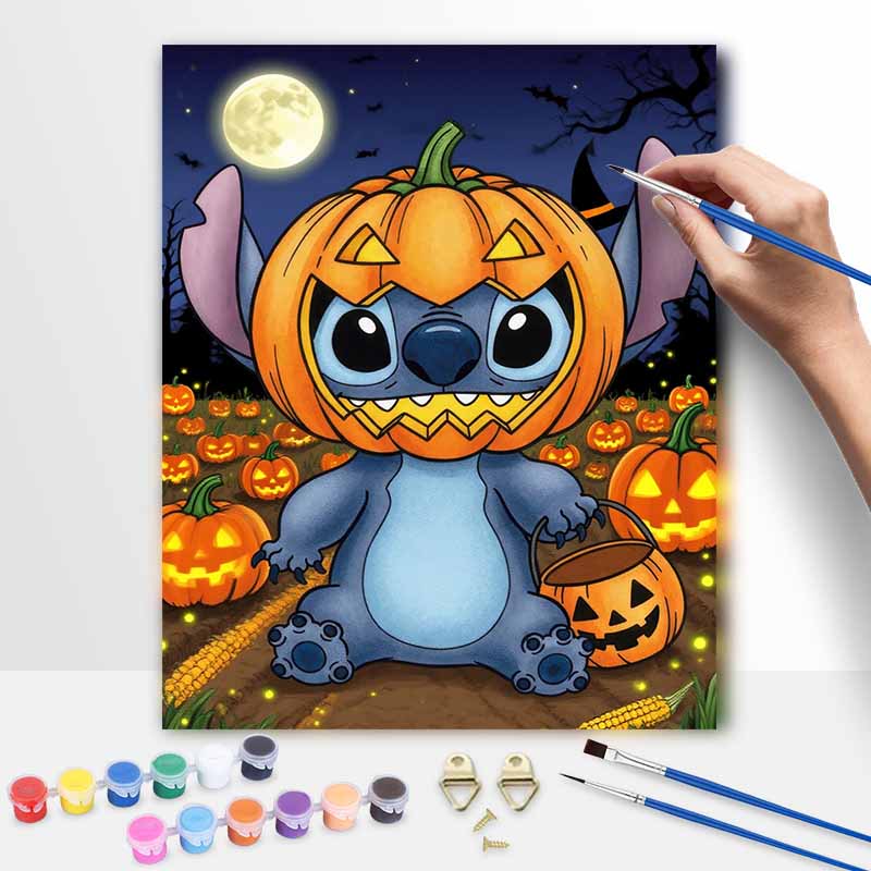 Disney digital oil painting Halloween pumpkin Stitch hand painting home decoration painting 20x30cm