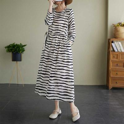 Vintage Literary Style Striped Printed Round Neck Long Sleeve Tie Dress