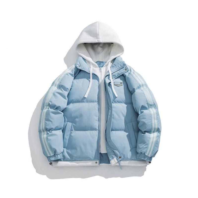 New couple loose hooded cotton-padded jacket, winter black fake two-piece thickened warm cotton-padded jacket