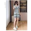 Women Striped 2 Piece Outfit Irregular Hem Short Sleeve T-shirt Drawstring Elastic Waist Shorts Casual Summer Tracksuit Loungewear Set