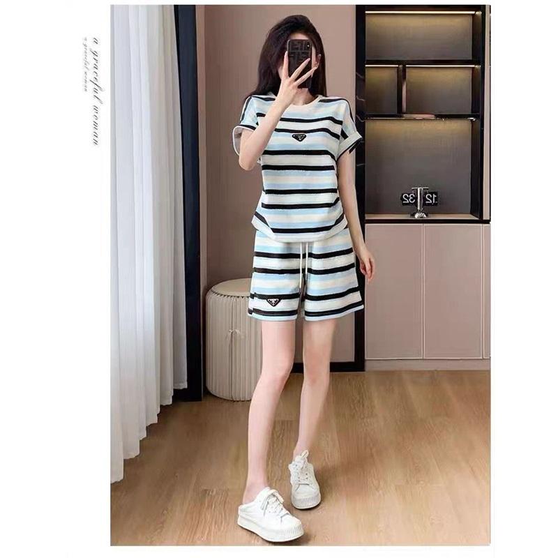 Women Striped 2 Piece Outfit Irregular Hem Short Sleeve T-shirt Drawstring Elastic Waist Shorts Casual Summer Tracksuit Loungewear Set