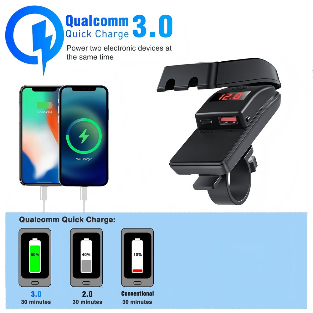 New Motorcycle USB Charger Waterproof PD QC3.0 Motorcycle Fast Charging Double USB Quick Charge With Voltmeter Digital Charger