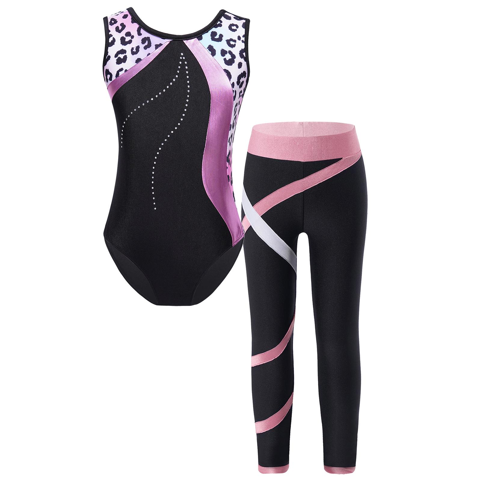 

Girls Sleeveless Printed Patchwork Leotard Colorblock Leggings Gymnastics Sports Performance Outfit 9-10 Years