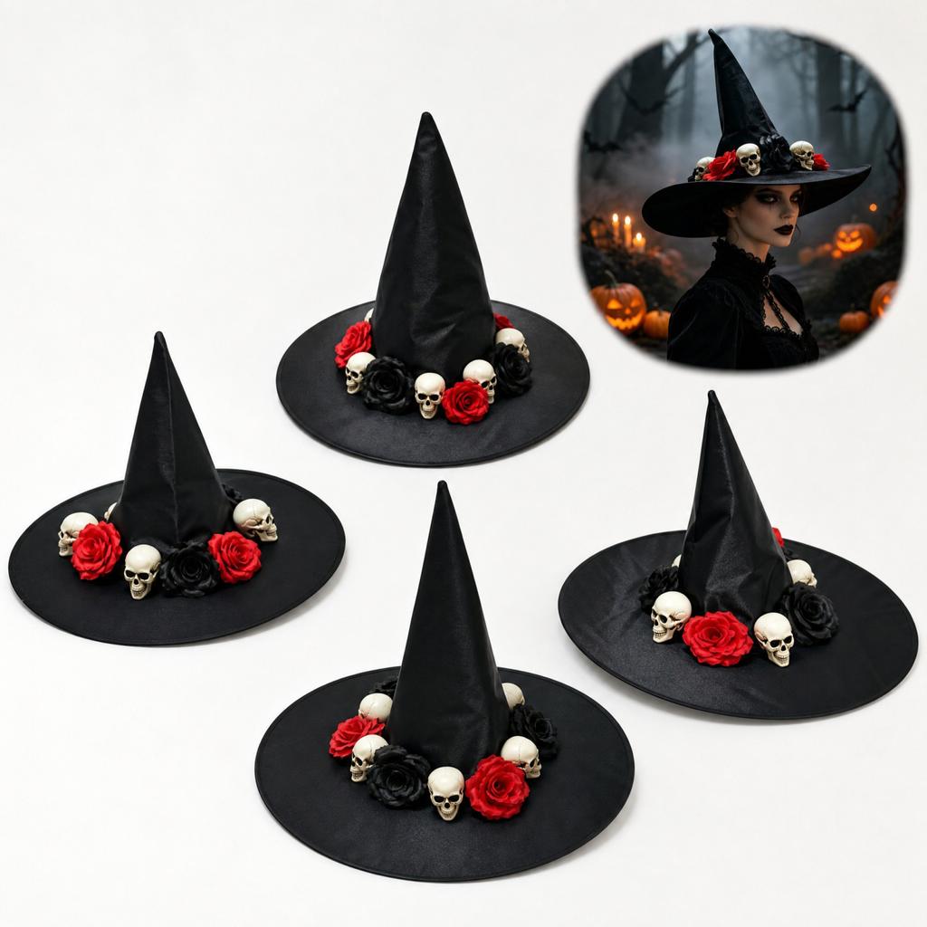 Black Satin Witch Hat for Halloween Costume Accessory
