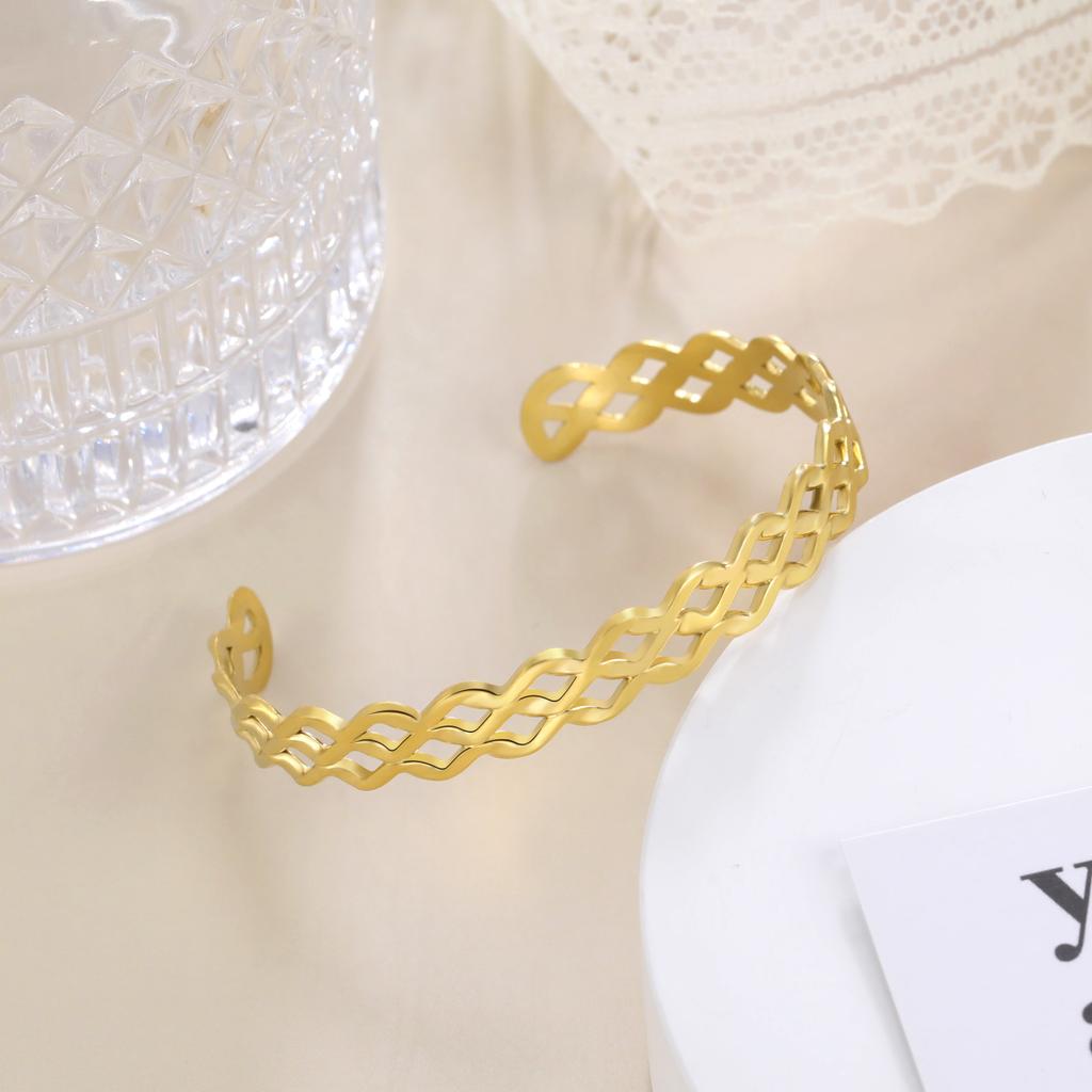 Stainless Steel Cuff Bracelet On Hand Women Geometric Flower Leaves Eye Adjustable Open Gold Bangle Jewelry