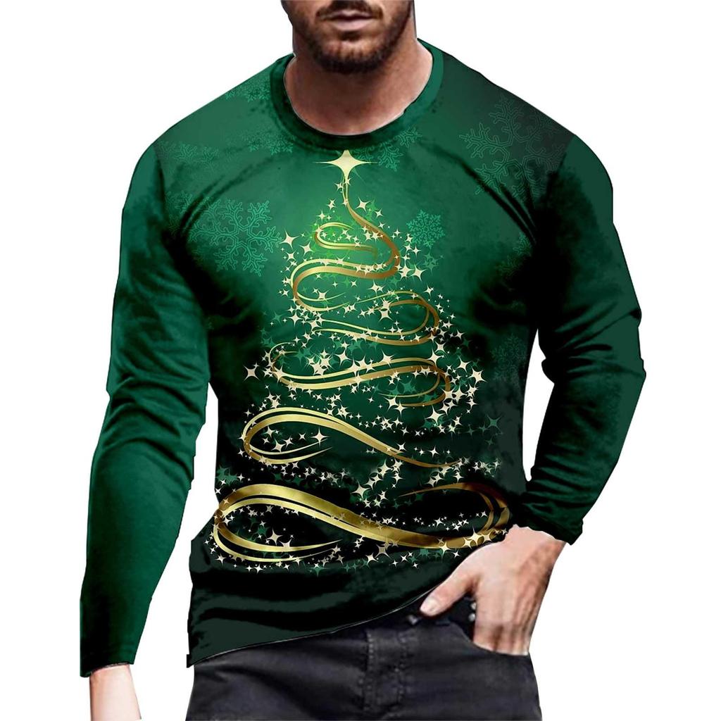 Men's Long Sleeve 3D Printed Santa Claus Cartoon Printed Tops Christmas Party Casual Men's Fashion Round Neck Long Sleeve