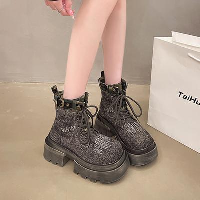 2024 New Women's Thick-soled Elevated Workwear Short Motorcycle Boots Retro Denim Lace-up Western Cowboy Boots for Women