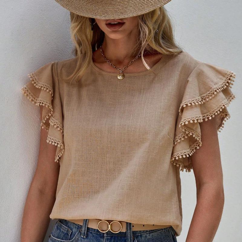 Moda Casual Cuello Redondo Tops de Verano para Mujer Camisas Sueltas Blusa Vintage de Encaje con Borlas y Mangas Volantes Camisa Lisa Elegante de Corte Ajustado para Mujer Nuevo 26424