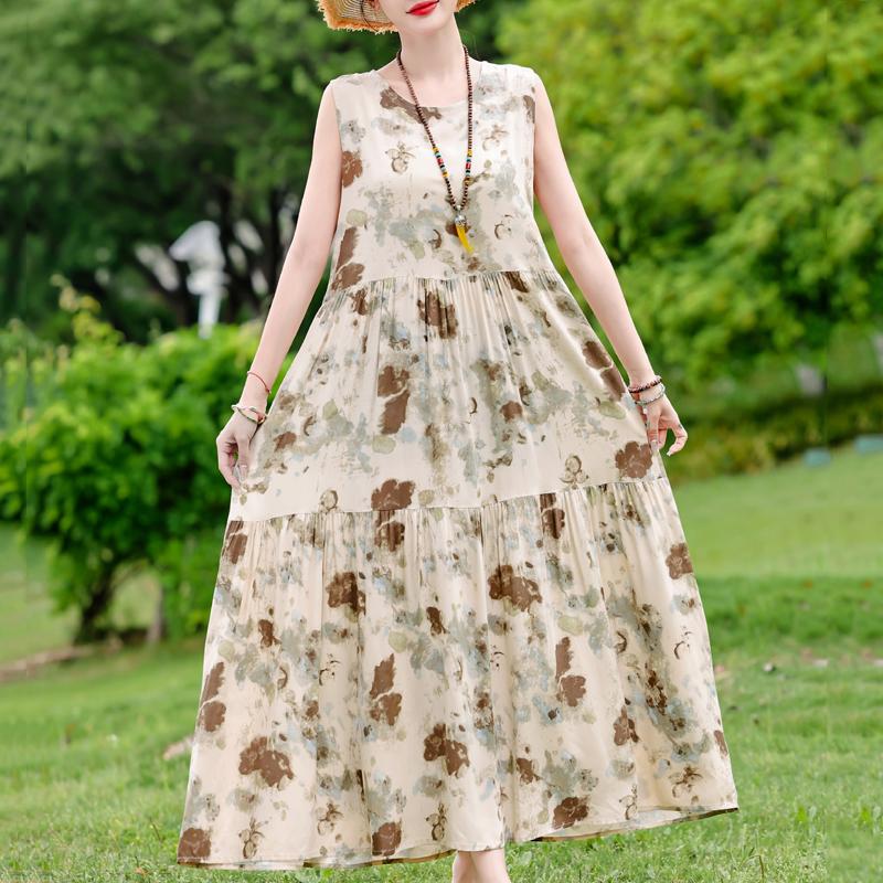 Elegant Sleeveless Dress for Women Plus Size Short Sleeve Vintage Print Long Dress Summer Casual Middle-aged Women's Clothing