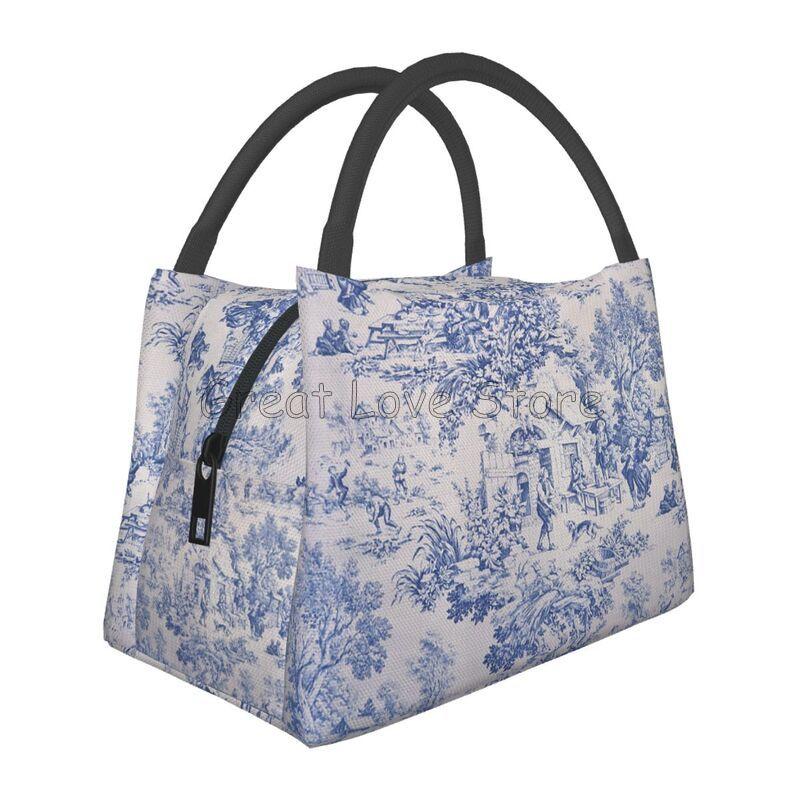 French Toile De Jouy Thermal Lunch Bag Unisex Portable Insulated Cooler Bento Tote Bag for Picnic Work Reusable Packed Lunch Box