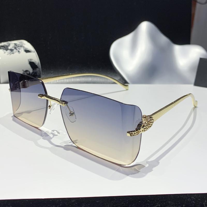 New Curved Lens Leopard Head Metal Frameless Edge Cutting High-Quality Sunglasses 90300