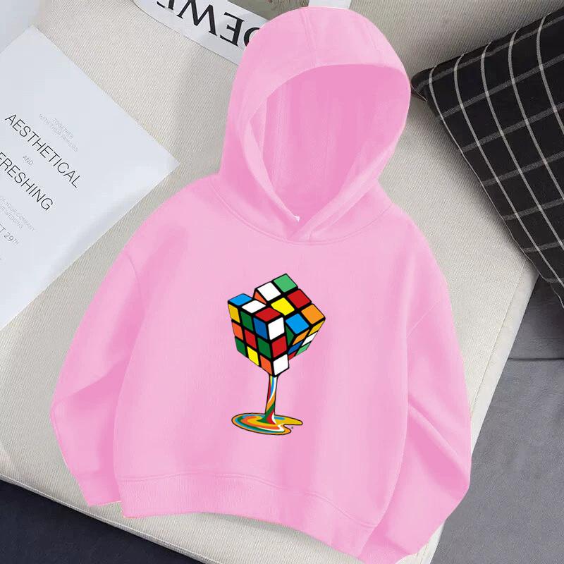 Children's Autumn Hoodie Rubik's Cube Pattern Hoodie, Magic Cube Printed Fashion Versatile Style Girls' Top