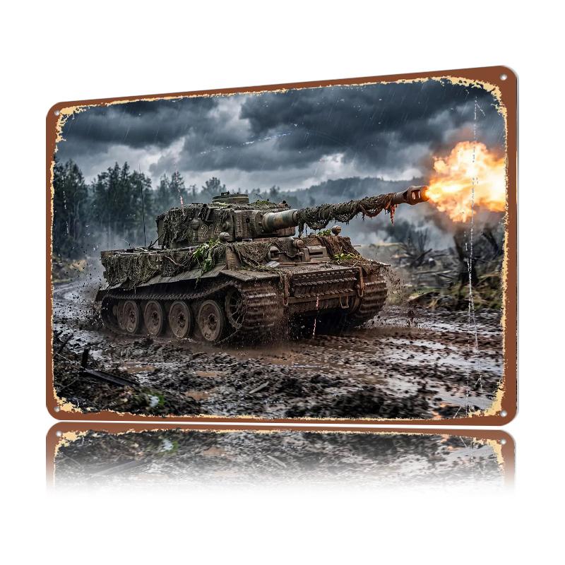 Tiger Tank Firing In Muddy Rain Personalized D Textured Metal Poster Wall Art Tinplate Sign for Home Decor Accessories House