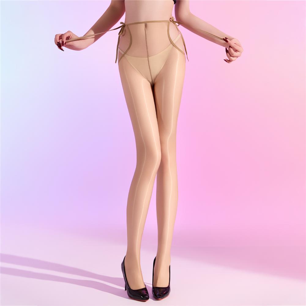 Sexy Women 640 Pin Oil Glossy Shiny Pantyhose Lace Up Bandage Shaping Stocking Thin Smooth Tights Maid Pantyhose Open Crotch