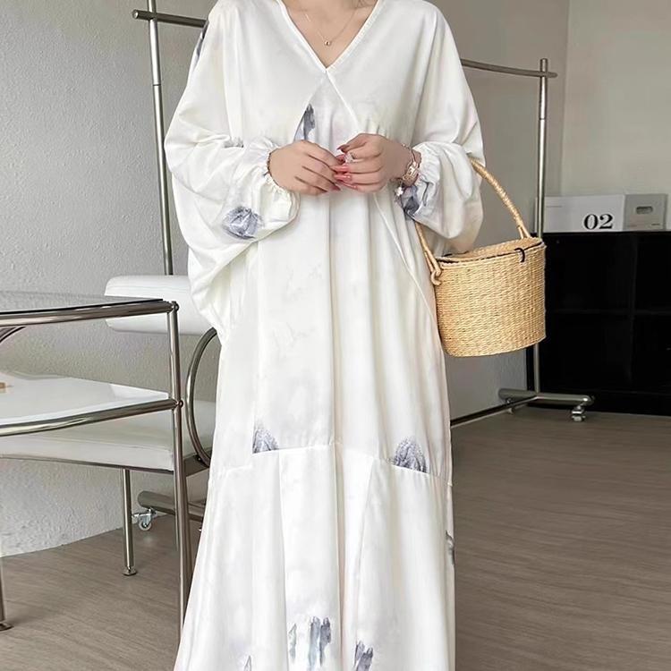 Korean Chic Vacation Style Dress Women Loose Casual Bat Sleeve V-neck Ink Print Design Retro Spring Summer Fashion