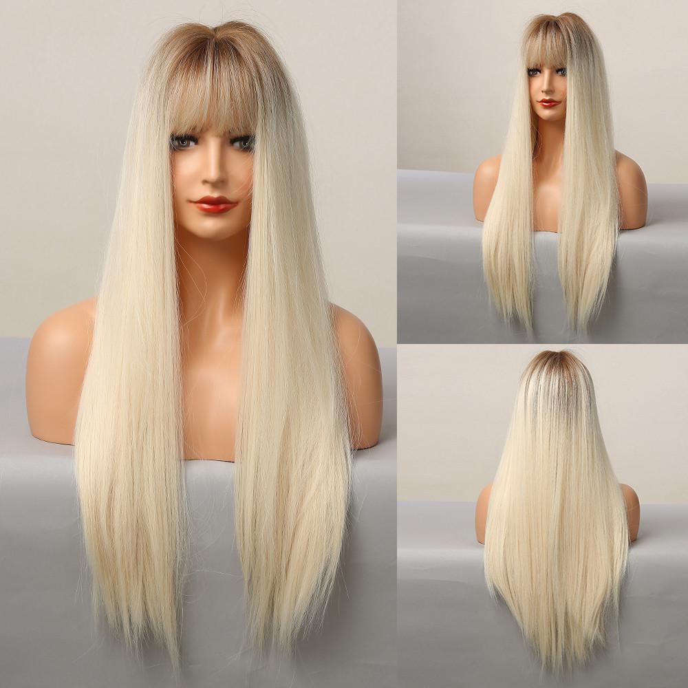 Ombré blond paruky s ofinou Syntetické vlasy Dlouhé Hladké Rovné Paruky Tmavé Kořeny Přírodní Hledá se pro ženy Tepelně odolné vlákno