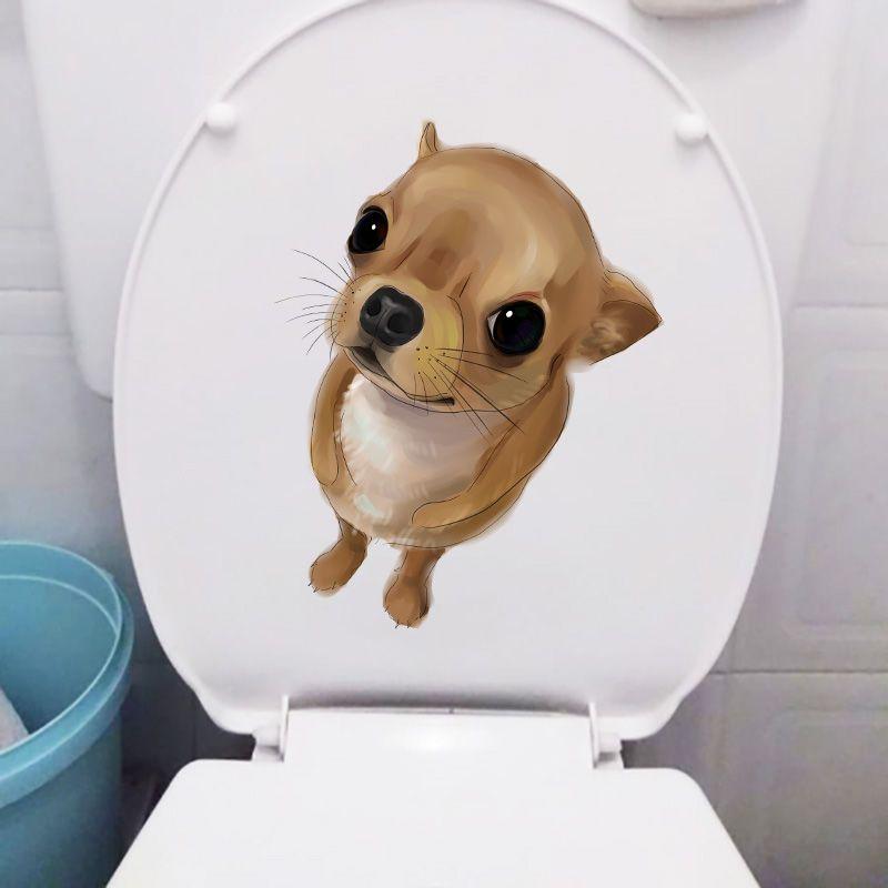Cute Dog Toilet Seat Stickers Self-adhesive Animal Stickers Toilet Bathroom Decoration Water-proof Decal