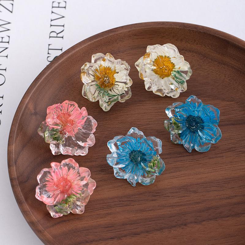 Summer Small Fresh Dried Flower Small Daisy Resin Earrings Girlish Lily Stud Earrings Sweet Cute Wind Daily Earrings