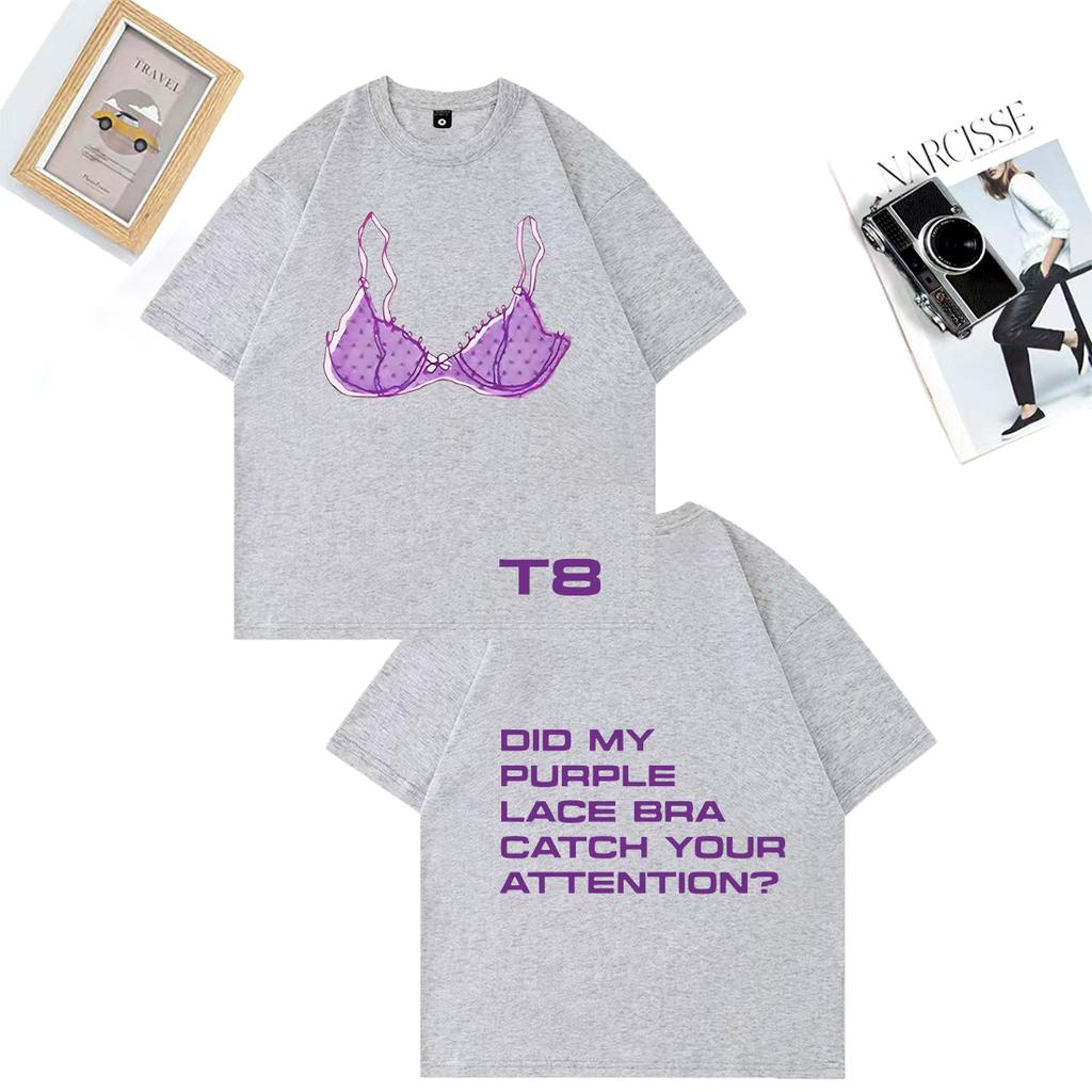 Tate McRae Purple Lace Bra So Close To What print T Shirt Men Woman's vintage Oversized 100% Cotton Summer Unisex plus size Tops