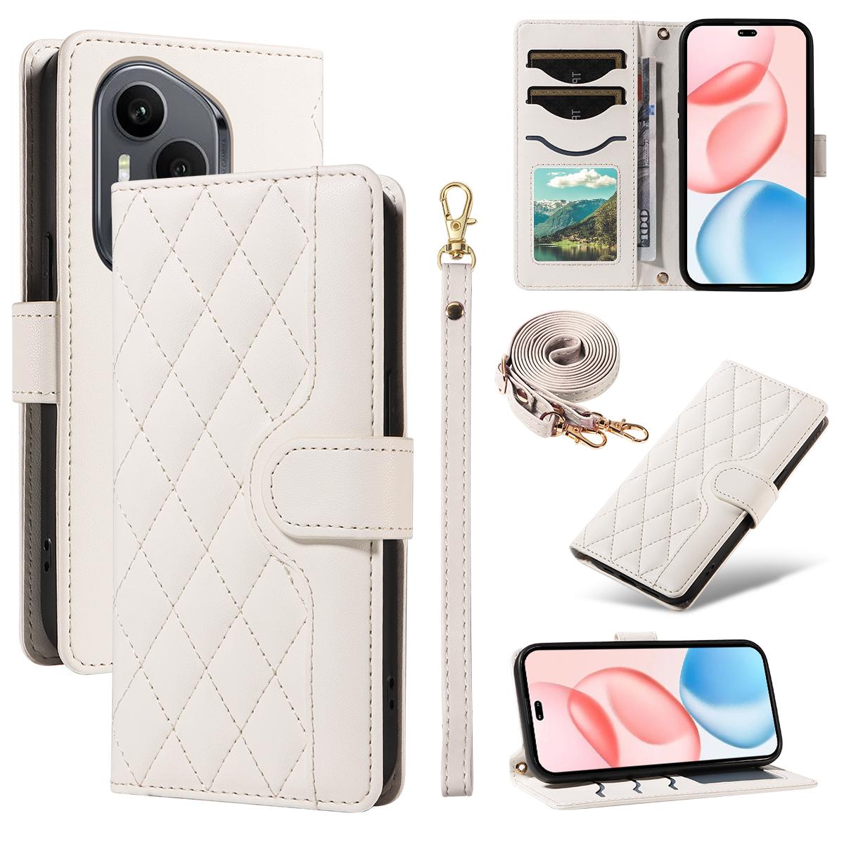 

Для Honor 400 Pro 5G (Глобальный) Чехол-кошелек Ромбовидный кожаный чехол для телефона с ремешком White