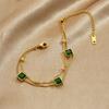 Gold Plated Double Layer Bracelet with Square Green Zircon, Vintage Emerald Charm Chain for Women, Dainty Elegant Daily Jewelry