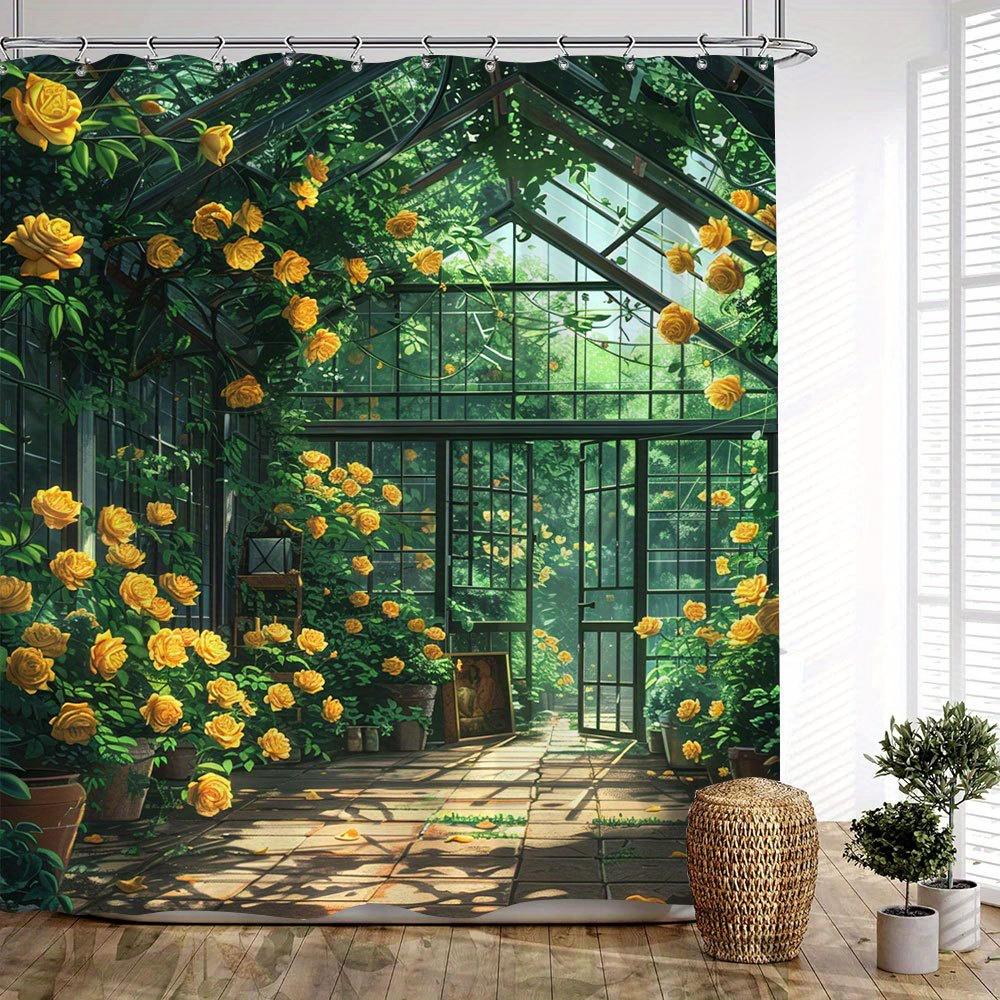 

1Pc Sunlit Greenhouse Bathtub Curtain - Vibrant Botanical Art With Yellow Roses & Dappled Light, Realistic Glass Panels & Potted W60H190(CM)-1 Pcs