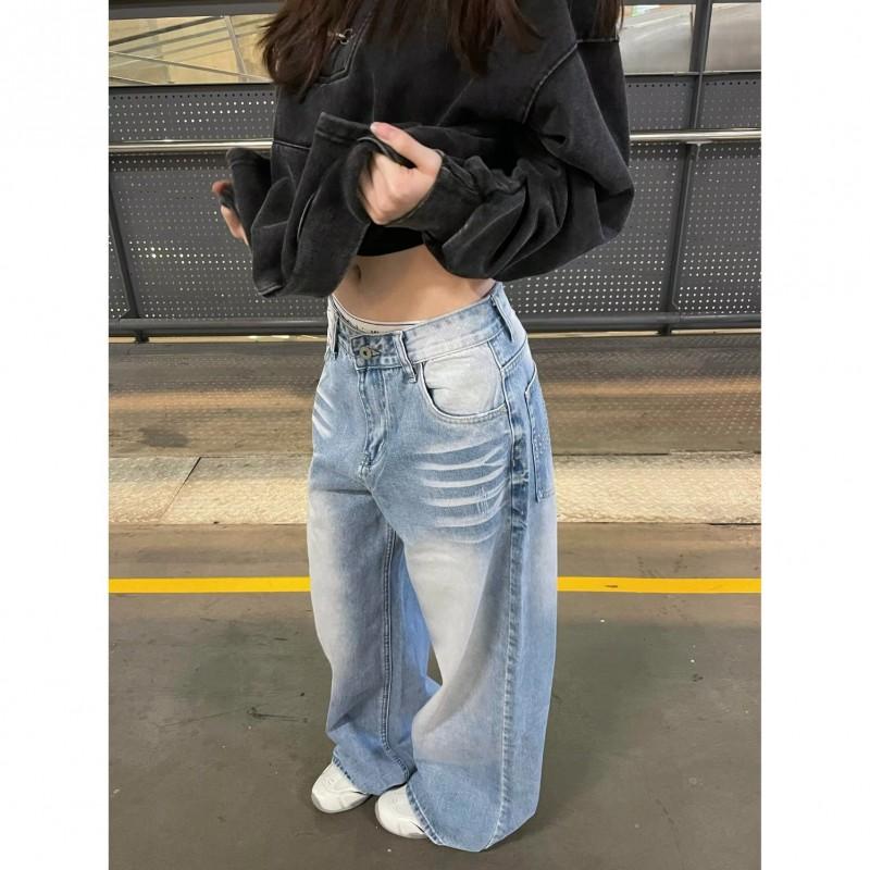 Damen Distressed Gewaschene Jeans Low Rise Hohe Taille Weiter Bein Gerader Schnitt Lockerer Sitz Hosen