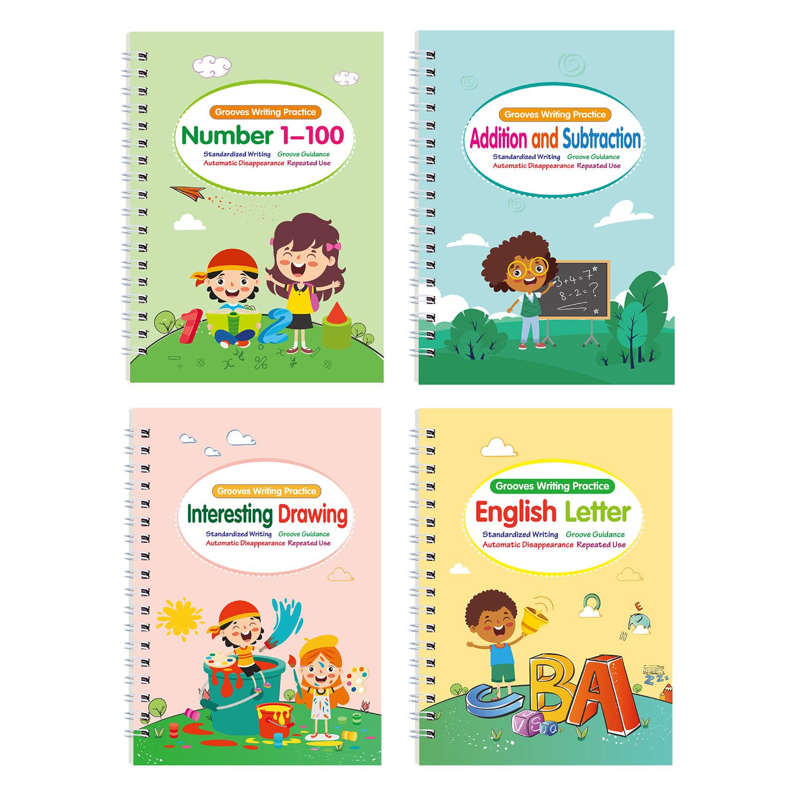 4PCS Magic Grooved Reusable Handwriting Workbook Number Letter Tracing Book Handwriting Practice Book for Children s Learning