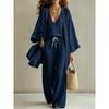 Kadın 3 Parça Keten Kıyafet Kimono Kollu Açık Ön Hırka V Yaka Üst İpli Geniş Bacak Pantolon Boho Plaj Kombin Seti