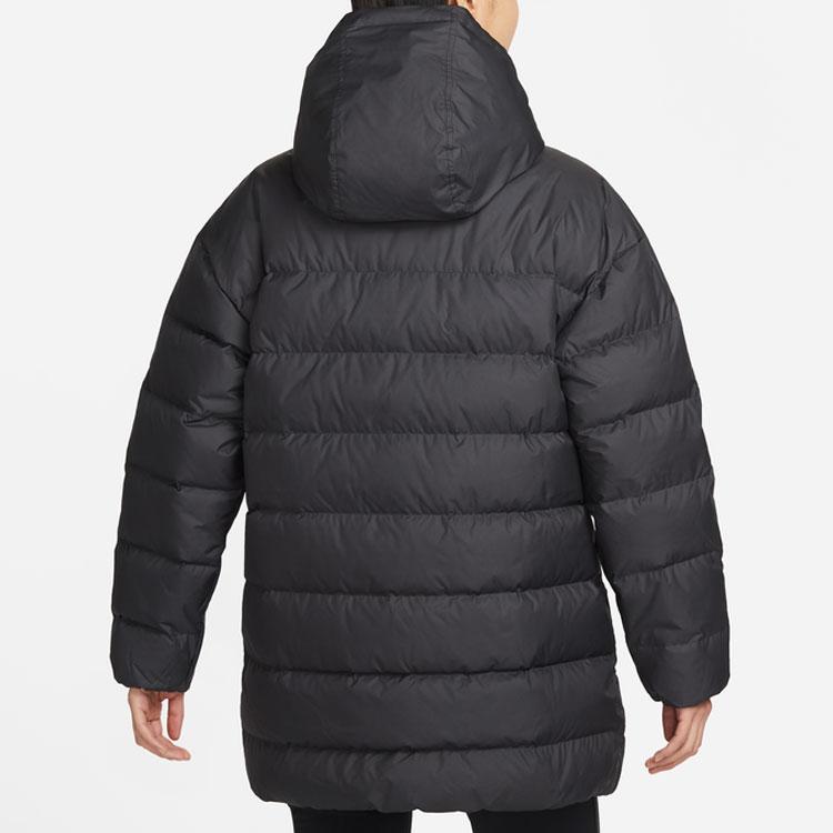 Nike Logo-Muster bedruckte Stehkragen-Kapuzen-Daunenjacke Damen Oberbekleidung Schwarz DQ6874-010