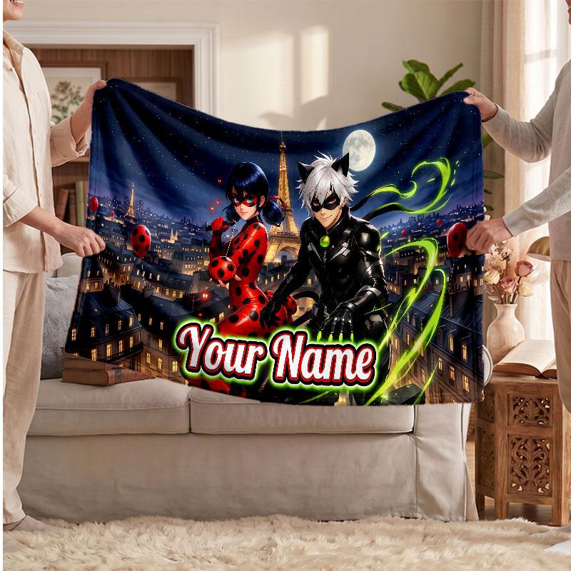 Miraculous Ladybug Personalized Flannel Blanket, Custom Printed Text Name, Warm Soft Blanket For Couch Bed