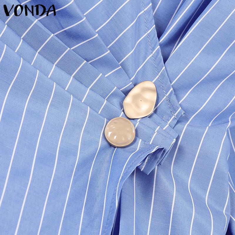 VONDA Women Autumn V-Neck Striped 3/4 Sleeve Button Trim Shirts