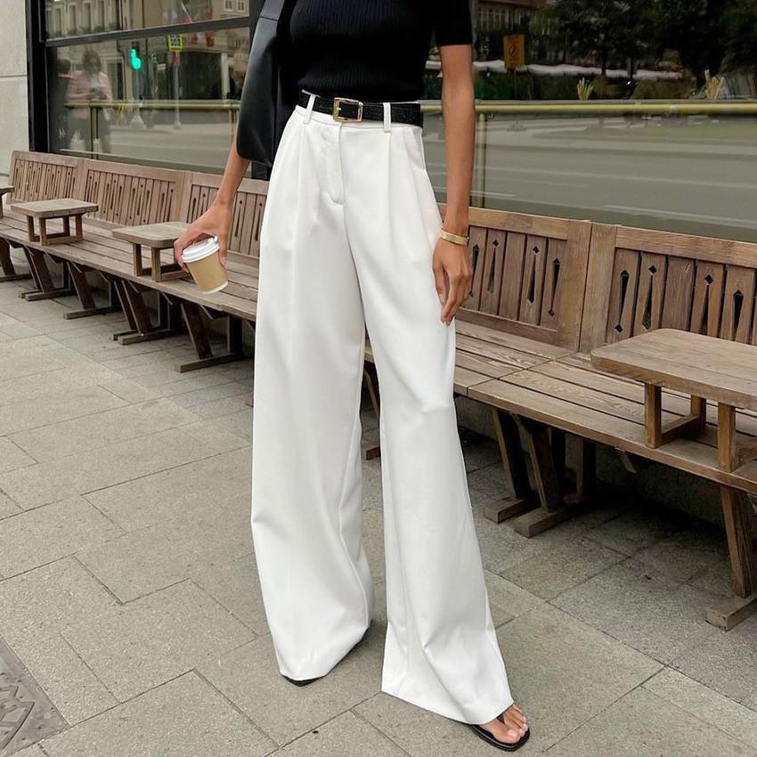 Pantaloni Bianchi a Vita Alta da Donna, Stile Commuter, Larghi, Lunghi Fino a Terra