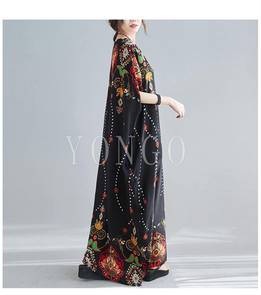 YONGO Maxi Long Short Loose Floral Plus Ethnic Resort Dress Women's Dress, Summer, Length, Sleeves, Fit, Print, V-Neck, Size, Retro, Style, (Free