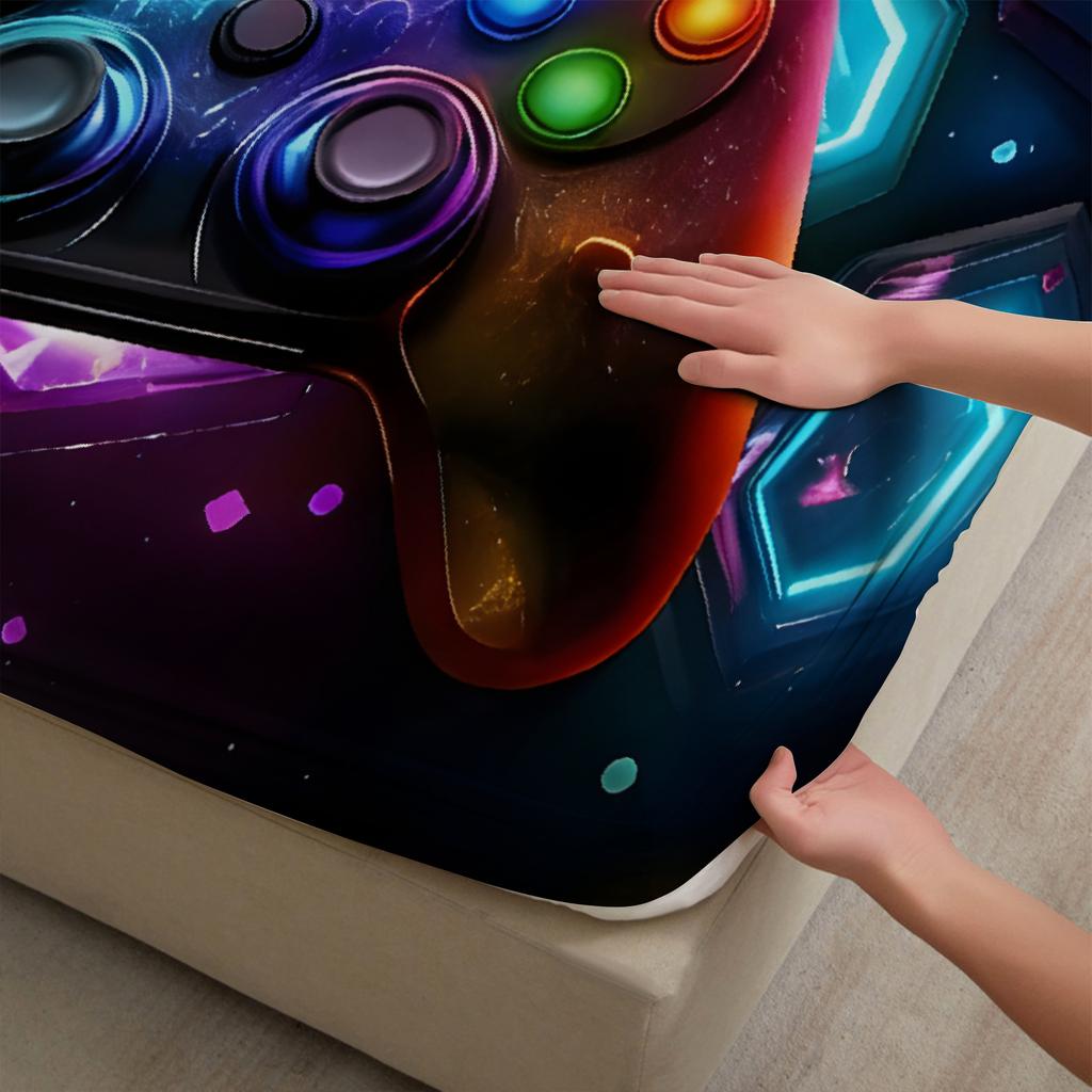 3 Stück Neon Graffiti Gaming Controller Spannbettlaken Glattes Bettlaken Set Lebendiges Gaming-Bett für Teenager-Jungen Queen Size Trendige Zimmerdekoration