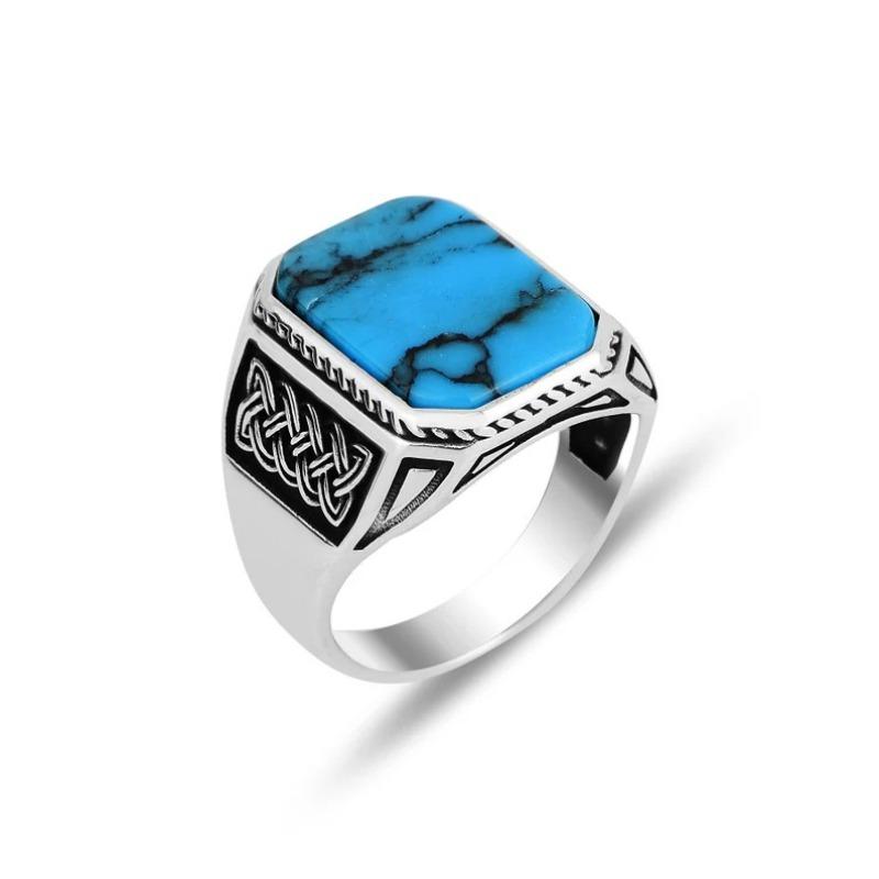 European and American Personality Retro Viking Totem Turquoise Men's Fashion Jewelry Punk Hip Hop Ring Ring