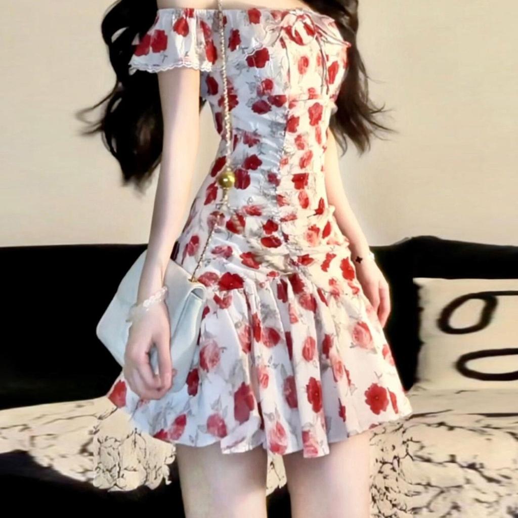 Holiday white retro red floral dress waist spring and summer new beautiful spice girl slim small flying sleeve skirt