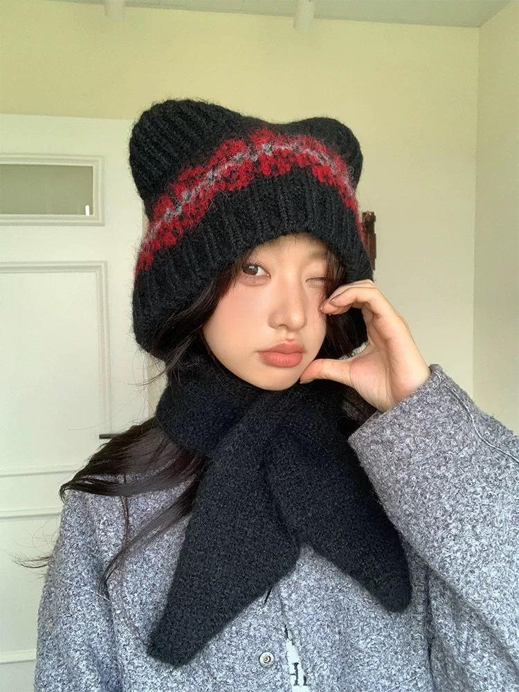 

Женская милая шапка-медведь из смесовой шерсти с защитой ушей - Теплая вязаная шапка-шарф для зимы